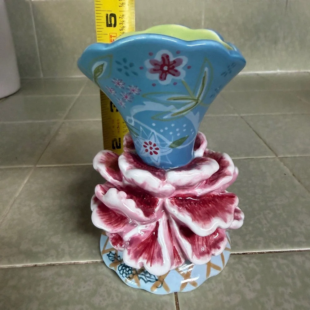 Tracy Porter Hand Painted Ceramic Flower Bud Vase Blue Pink Floral Cottagecore